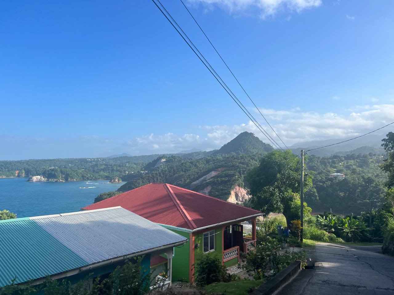 A green house with a red roof on a hillside above the sea