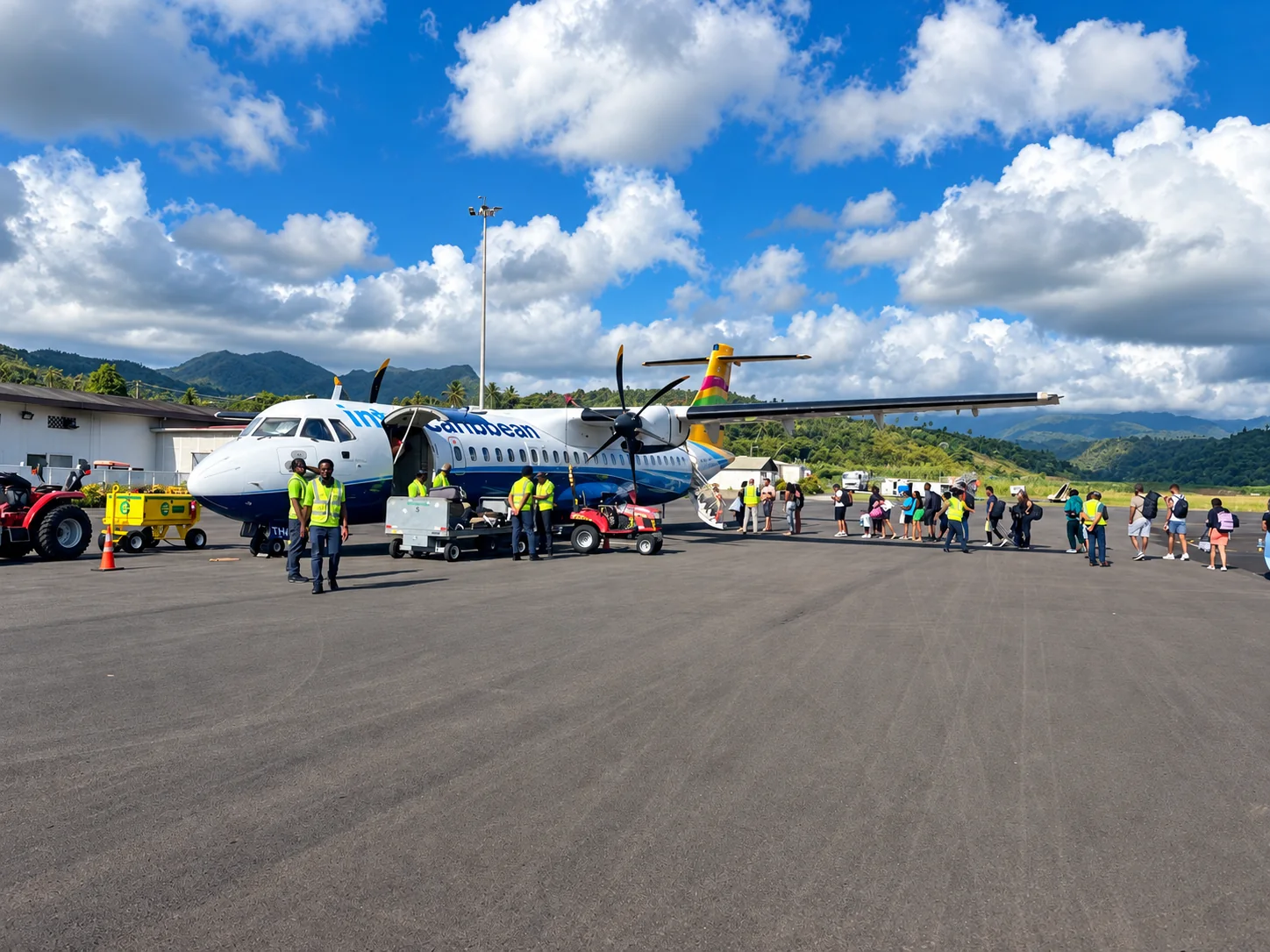 An aircraft and passengers at Dominica’s airport, with mountains behind